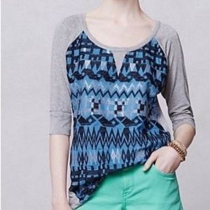 ANTHROPOLOGIE DOLAN grey top with blue embroidery